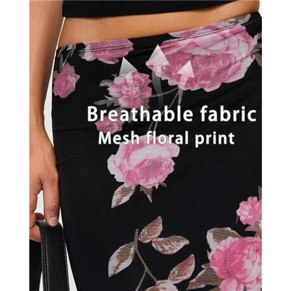 Women's Maxi Skirt Mesh Floral Print Black x Pink - Picture 6 of 6